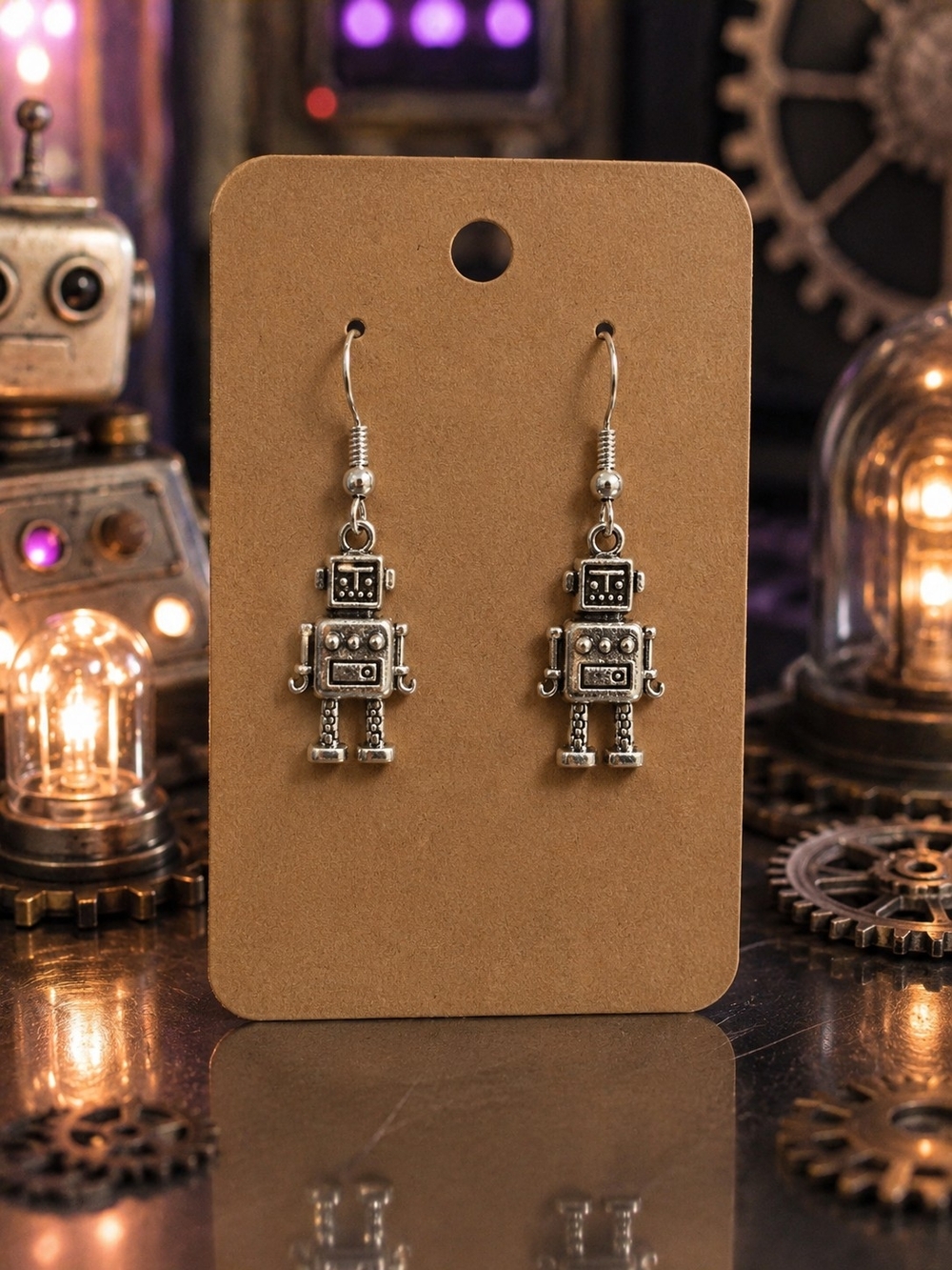 Silver Robot Dangle Earrings - Stylish Retro Tech New